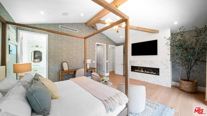 Bedroom, Fireplace, Interior, Recessed Lighting, Wooden Beams, Wood Texture Flooring