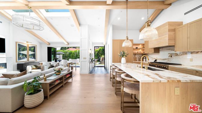 Fireplace, Interior, Kitchen, Living room, Pendant Lights, Recessed Lighting, Stainless Steel Appliances, Wooden Beams, Wood Texture Flooring