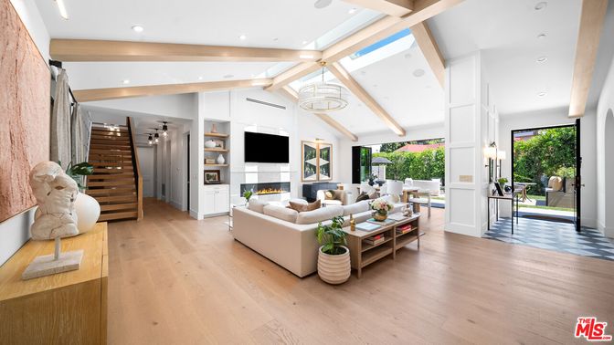 Fireplace, Interior, Living room, Recessed Lighting, Wooden Beams, Wood Texture Flooring