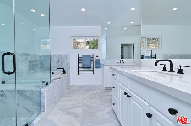 Bathroom, Dual Sink Vanities, Glass Shower, Interior, Marble Walls, Recessed Lighting