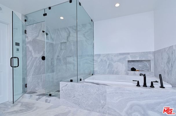 Bathroom, Glass Shower, Interior, Marble, Marble Walls, Recessed Lighting