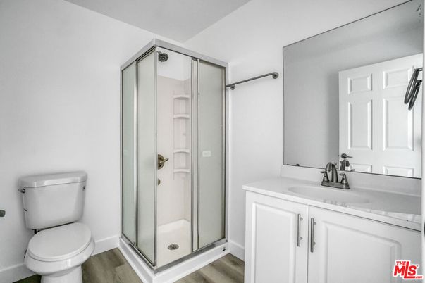 Bathroom, Glass Shower, Interior, Wood Texture Flooring