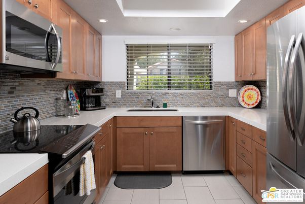Interior, Kitchen, Recessed Lighting, Stainless Steel Appliances, Stone Walls