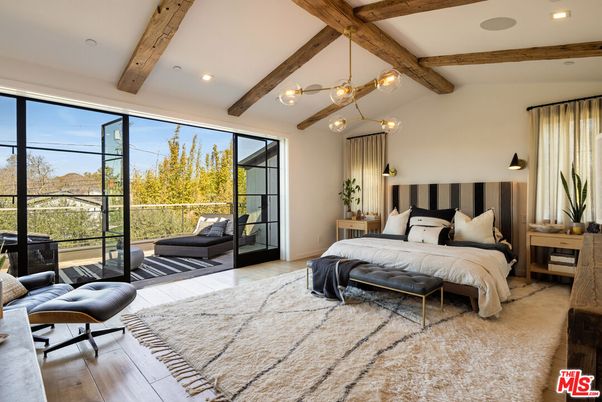 Bedroom, Interior, Pendant Lights, Recessed Lighting, Wooden Beams, Wood Texture Flooring