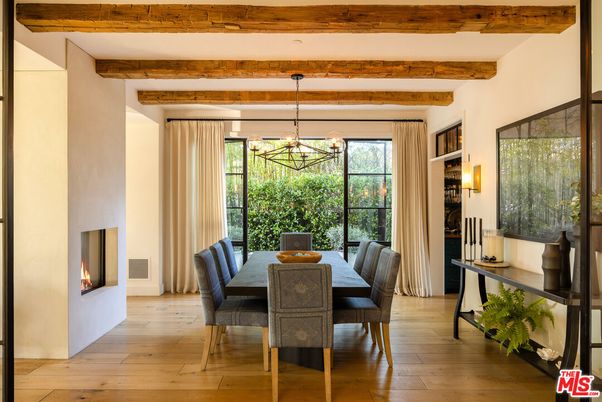 Chandelier, Dining room, Fireplace, Interior, Pendant Lights, Wooden Beams, Wood Texture Flooring