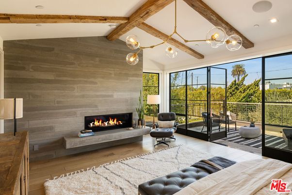 Fireplace, Interior, Pendant Lights, Recessed Lighting, Wooden Beams, Wood Texture Flooring, Wooden Walls