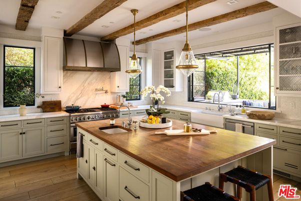 Interior, Kitchen, Pendant Lights, Recessed Lighting, Stainless Steel Appliances, Wooden Beams, Wood Texture Flooring