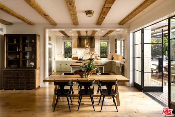 Dining room, Interior, Kitchen, Pendant Lights, Recessed Lighting, Wooden Beams, Wood Texture Flooring