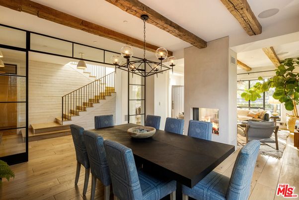 Dining room, Fireplace, Interior, Living room, Pendant Lights, Wooden Beams, Wood Texture Flooring