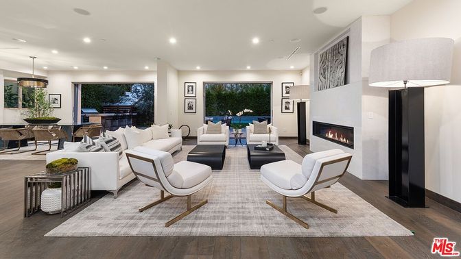 Dining room, Fireplace, Interior, Living room, Pendant Lights, Recessed Lighting, Wood Texture Flooring