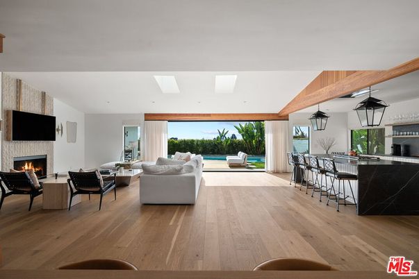 Fireplace, Interior, Kitchen, Living room, Pendant Lights, Recessed Lighting, Wooden Beams, Wood Texture Flooring