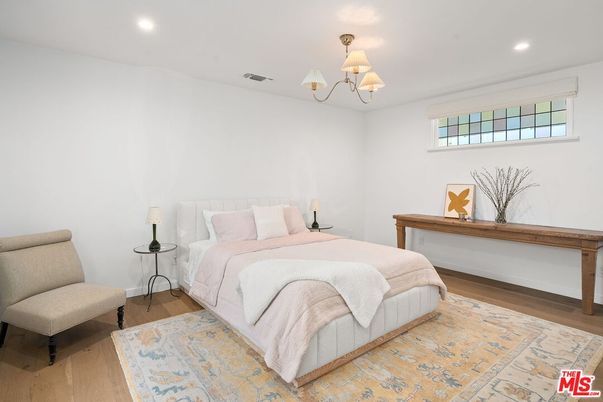 Bedroom, Chandelier, Interior, Recessed Lighting, Wood Texture Flooring