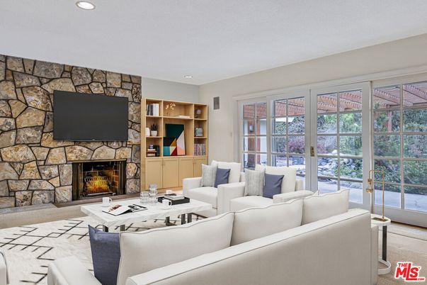 Fireplace, Interior, Living room, Recessed Lighting, Stone Walls