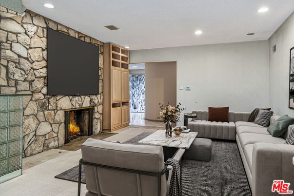 Fireplace, Interior, Living room, Recessed Lighting, Stone Walls