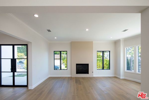 Empty room, Fireplace, Interior, Recessed Lighting, Wood Texture Flooring