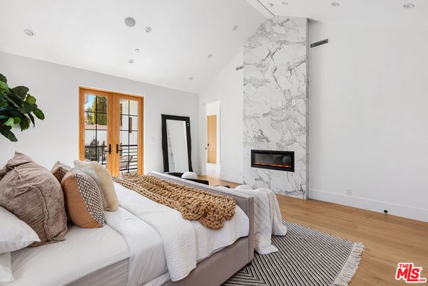Bedroom, Fireplace, Interior, Marble Walls, Recessed Lighting, Wood Texture Flooring