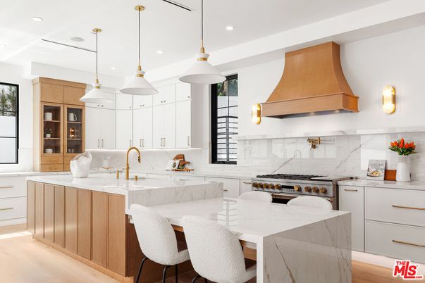 Interior, Kitchen, Marble Walls, Pendant Lights, Recessed Lighting, Stainless Steel Appliances, Wood Texture Flooring