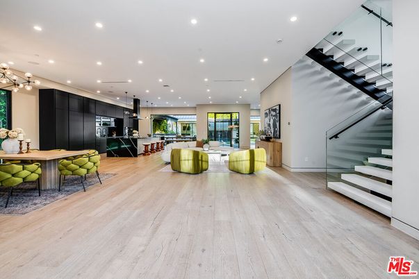 Dining room, Interior, Kitchen, Pendant Lights, Recessed Lighting, Stainless Steel Appliances, Wood Texture Flooring