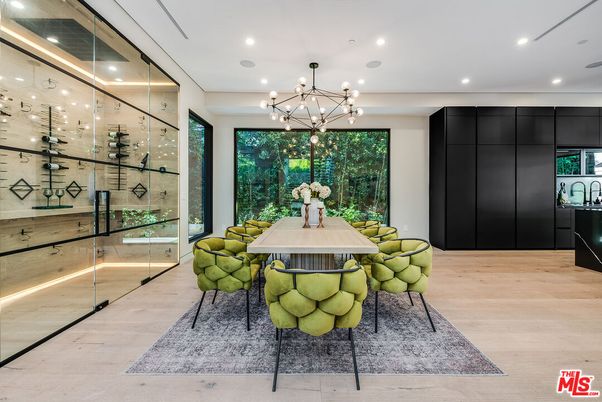 Dining room, Interior, Pendant Lights, Recessed Lighting, Wine Storage, Wood Texture Flooring