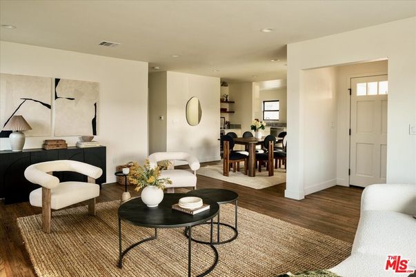 Dining room, Interior, Living room, Recessed Lighting, Wood Texture Flooring