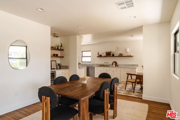 Dining room, Interior, Recessed Lighting, Wood Texture Flooring
