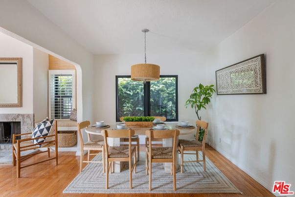 Dining room, Fireplace, Interior, Pendant Lights, Wood Texture Flooring