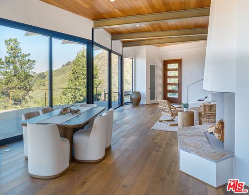Dining room, Fireplace, Interior, Recessed Lighting, Wooden Ceilings, Wood Texture Flooring