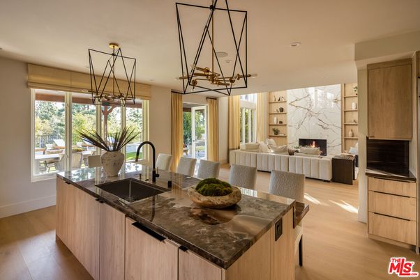 Chandelier, Dining room, Fireplace, Interior, Kitchen, Living room, Pendant Lights, Recessed Lighting, Wood Texture Flooring