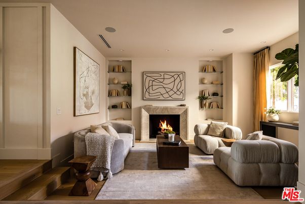 Fireplace, Interior, Living room, Recessed Lighting, Wood Texture Flooring