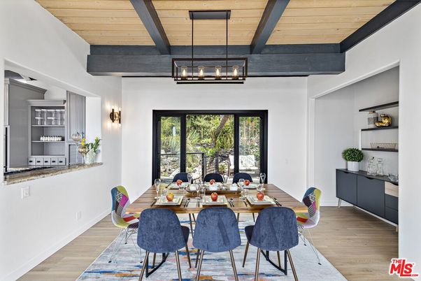 Dining room, Interior, Pendant Lights, Wooden Beams, Wooden Ceilings, Wood Texture Flooring