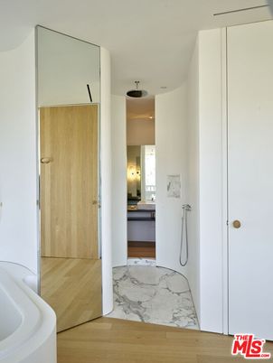 Bathroom, Interior, Marble, Recessed Lighting, Wood Texture Flooring