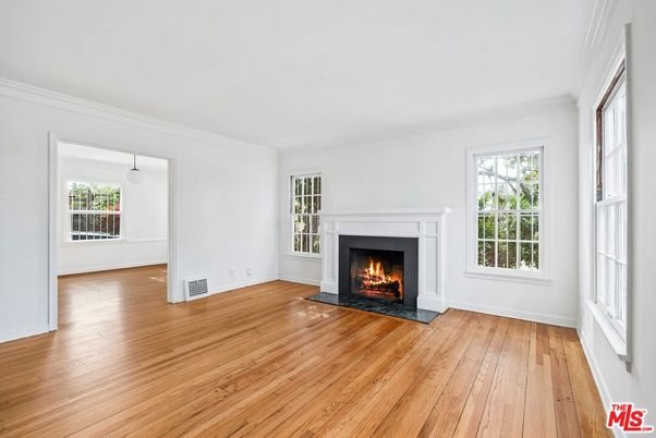 Empty room, Fireplace, Interior, Pendant Lights, Wood Texture Flooring