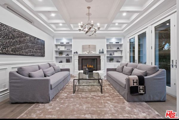Chandelier, Fireplace, Interior, Living room, Recessed Lighting, Wood Texture Flooring
