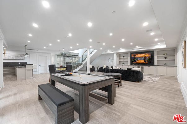 Billiard Table, Game Room, Interior, Living room, Pendant Lights, Recessed Lighting, Wood Texture Flooring