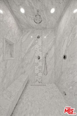 Bathroom, Glass Shower, Interior, Marble, Marble Walls, Recessed Lighting