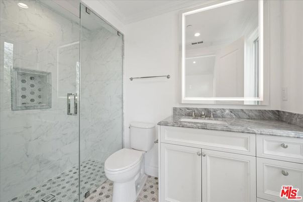 Bathroom, Glass Shower, Interior, Marble Walls, Recessed Lighting