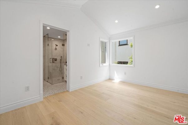 Bathroom, Empty room, Glass Shower, Interior, Recessed Lighting, Wood Texture Flooring