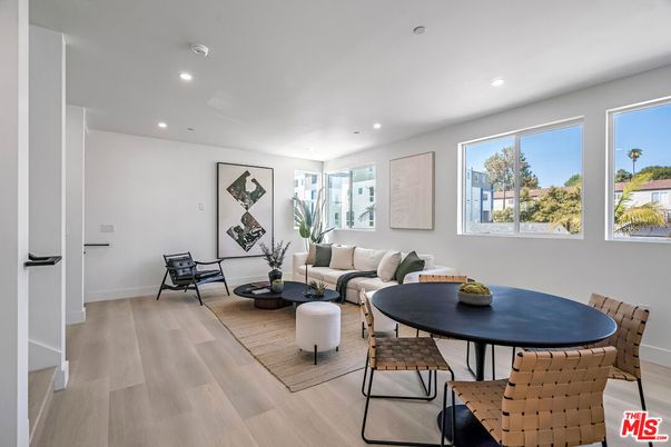 Dining room, Interior, Living room, Recessed Lighting, Wood Texture Flooring