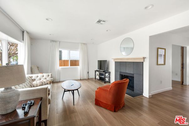 Fireplace, Interior, Living room, Recessed Lighting, Wood Texture Flooring