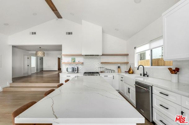 Interior, Kitchen, Pendant Lights, Recessed Lighting, Stainless Steel Appliances, Wooden Beams, Wood Texture Flooring