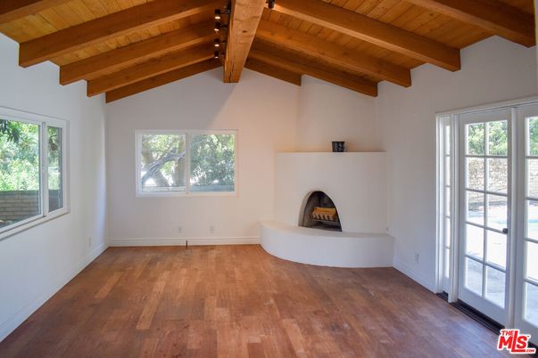 Empty room, Fireplace, Interior, Wooden Beams, Wooden Ceilings, Wood Texture Flooring