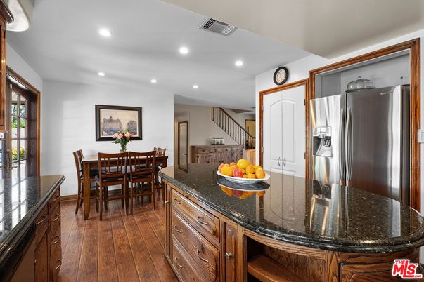 Dining room, Interior, Kitchen, Recessed Lighting, Stainless Steel Appliances, Wood Texture Flooring