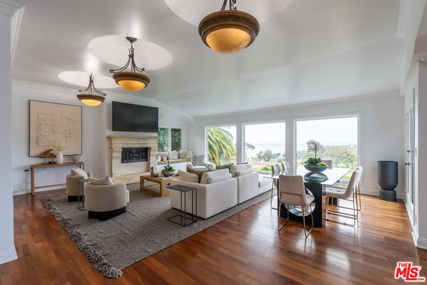 Dining room, Fireplace, Interior, Living room, Pendant Lights, Wood Texture Flooring