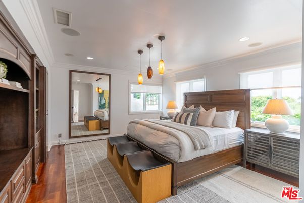 Bedroom, Interior, Pendant Lights, Recessed Lighting, Wood Texture Flooring