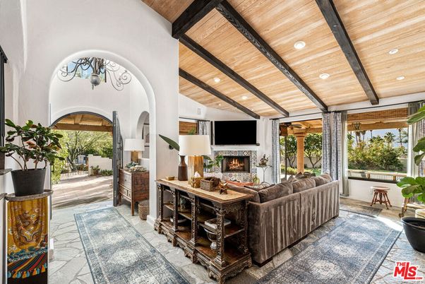 Fireplace, Interior, Living room, Recessed Lighting, Wooden Beams, Wooden Ceilings