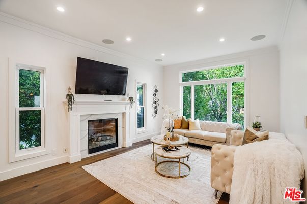 Fireplace, Interior, Living room, Recessed Lighting, Wood Texture Flooring