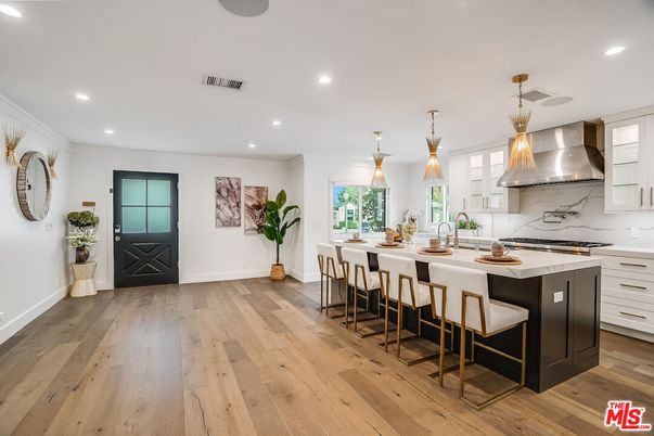 Interior, Kitchen, Marble Walls, Pendant Lights, Recessed Lighting, Wood Texture Flooring
