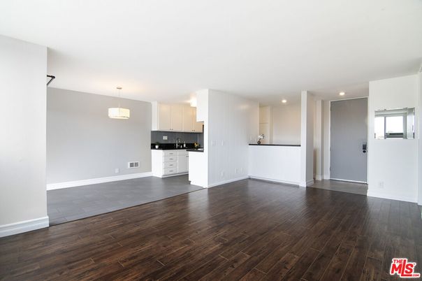 Empty room, Interior, Kitchen, Pendant Lights, Recessed Lighting, Wood Texture Flooring