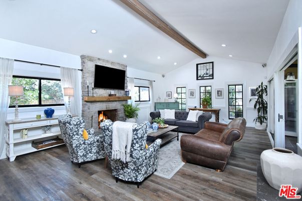 Fireplace, Interior, Living room, Recessed Lighting, Wooden Beams, Wood Texture Flooring