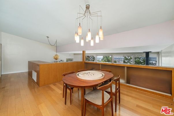 Dining room, Interior, Pendant Lights, Wood Texture Flooring